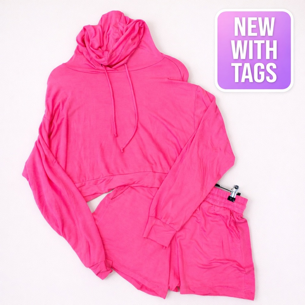 ELAN Hot Pink Matching Set Hoodie Shorts Lounge Set Athleisure Women Large NWT